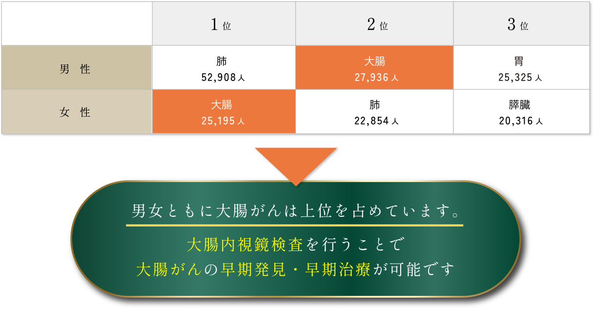 2023年 部位別がん死亡数の表/男女ともに大腸がんは上位を占めています。大腸内視鏡検査を行うことで大腸がんの早期発見・早期治療が可能です。